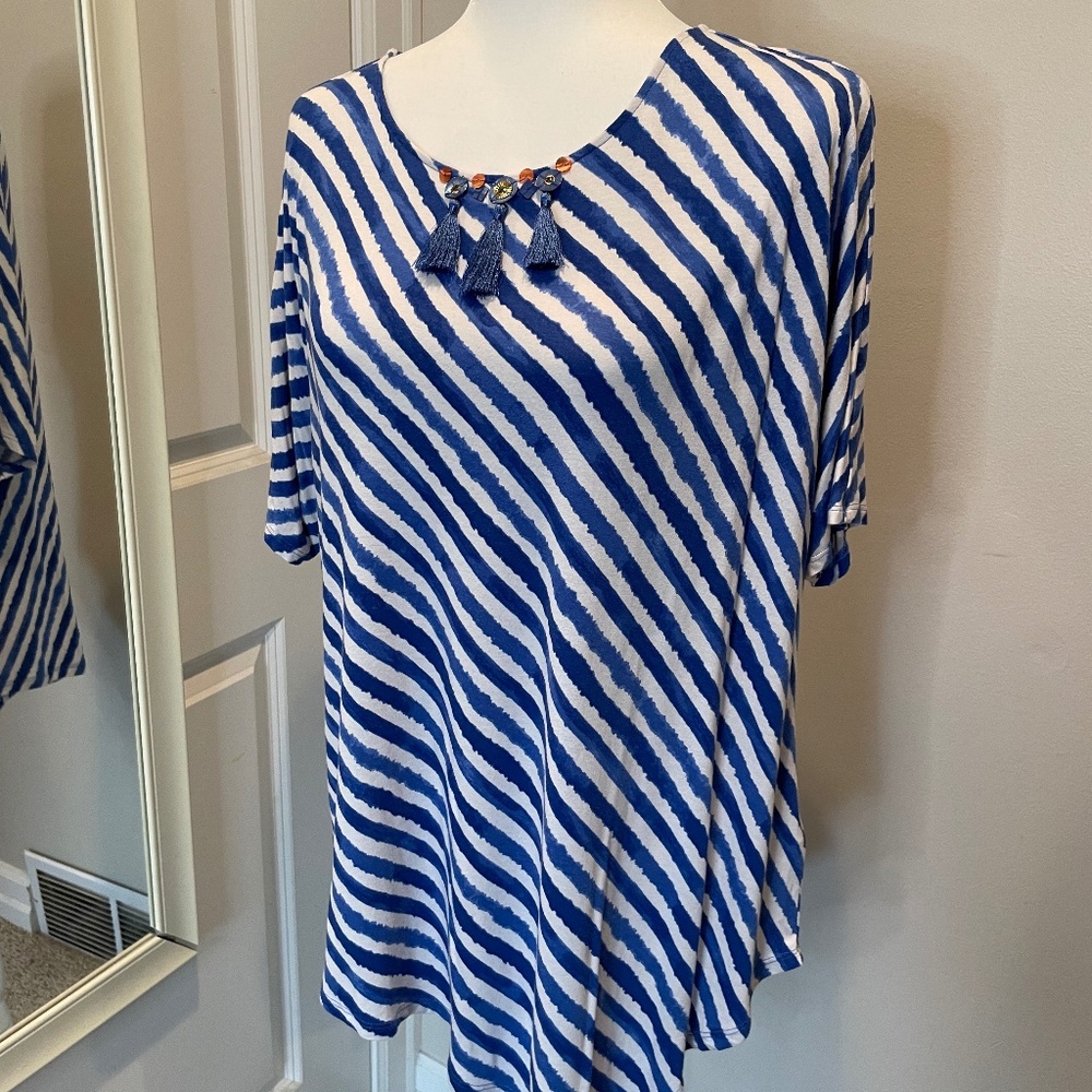 Ruby Rd Blue Diagonal Stripe Embellished Asymmetrical Stretchy Tunic Top - PL
